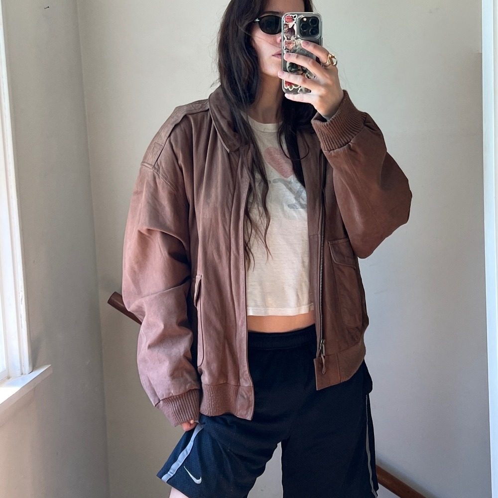 Vintage 90s Brown Leather‎ Bomber Jacket XL Map Lining Aviator Oversized Baggy